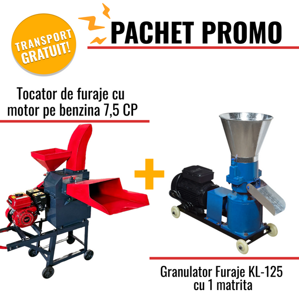 Pachet Promo: Tocator de furaje cu motor pe benzina 7,5 CP + Granulator Furaje KL-125 cu 1 matrita si motor 3 kW