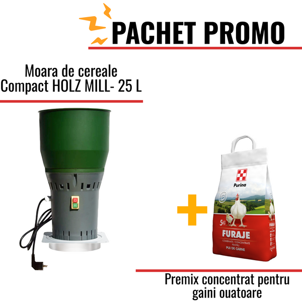 Pachet Promo:Moara de cereale HOLZ MILL- 25 L + Premix concetrat pentru gaini ouatoare