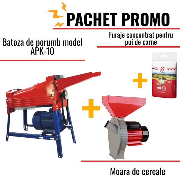 Pachet Promo:Batoza de porumb model APK-10 +Moara de cereale, 3.9kW + Furaje combinat pui broiler (pui de carne)