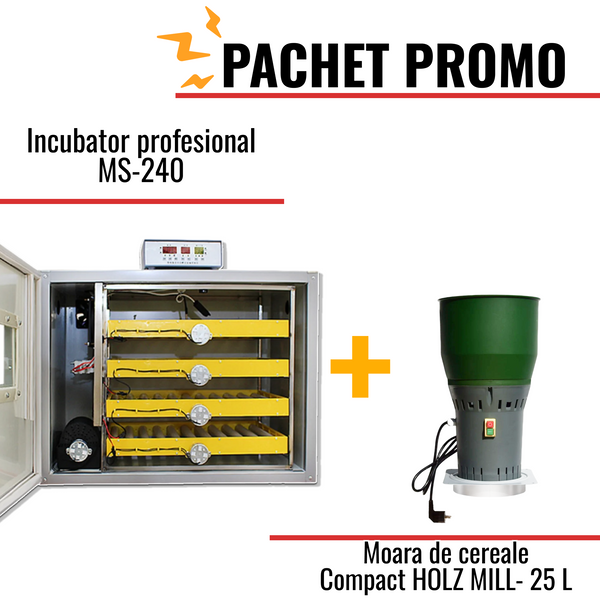Pachet Promo: Incubator profesional MS-240 (12V/220V) +Moara de cereale HOLZ MILL- 25 L compacta
