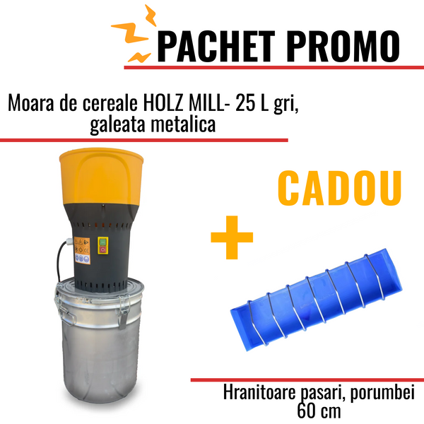 Pachet Promo:MOARA DE CEREALE HOLZ MILL 25L GRI - galeata metalica+ CADOU: 1x Hranitoare pasari 60cm