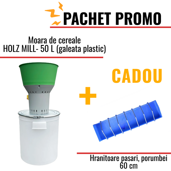 Pachet Promo:Moara de cereale HOLZ MILL-25L ECO (galeata din plastic) +CADOU: 1x Hranitoare pasari 60cm