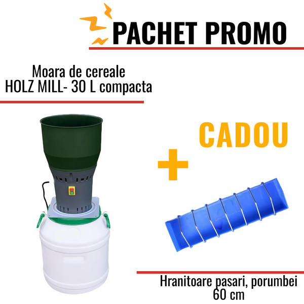 Pachet Promo: Moara de cereale HOLZ MILL- 30 L compacta +CADOU: 1x Hranitoare pasari 60cm
