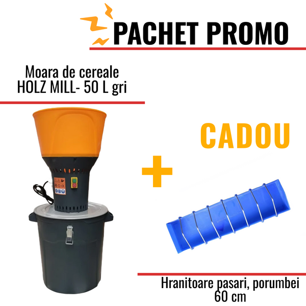 Pachet Promo: MOARA DE CEREALE HOLZ MILL 50L GRI +CADOU: 1x Hranitoare pasari 60cm