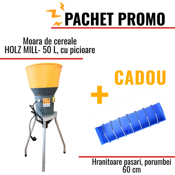 Pachet Promo: Moara de cereale electrica Holz Mill capacitate 50L +CADOU: 1x Hranitoare pasari 60cm