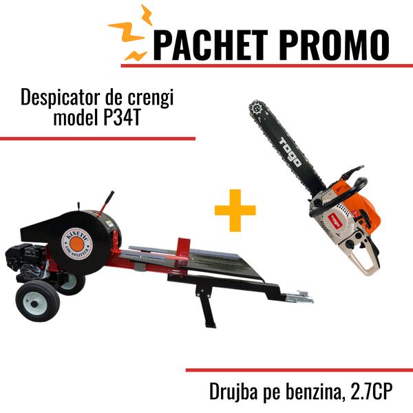 Pachet Promo: Despicator de crengi model P34T + Drujba pe benzina, 2.7CP, 49.3cc cu accesorii incluse