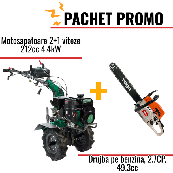 Pachet Promo: Motosapatoare 2+1 viteze 212cc 4.4kW + Drujba pe benzina, 2.7CP, 49.3cc +accesorii incluse