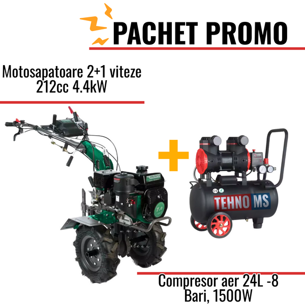 Pachet Promo: Motosapatoare 2+1 viteze 212cc 4.4kW + Compresor aer model JN1500A-24L -8 Bari, 1500W-24L
