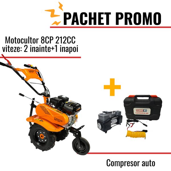 Pachet Promo: Motocultor 8CP 212CC viteze: 2 inainte+1 inapoi + Compresor auto Tehno-ms