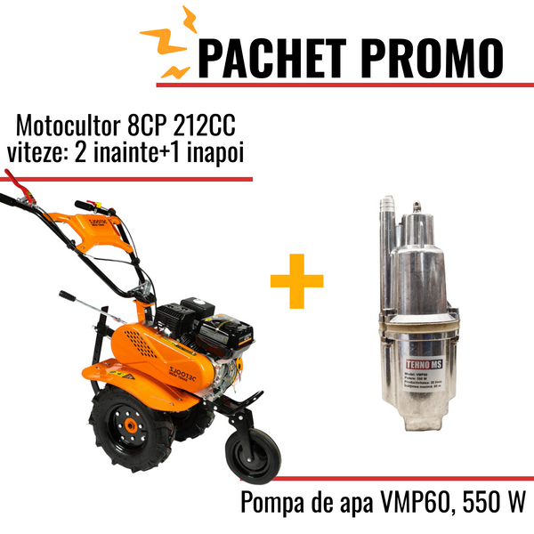 Pachet Promo: Motocultor 8CP 212CC viteze: 2 inainte+1 inapoi + Pompa de apa pe vibratii pentru gradina VMP60, 550 W