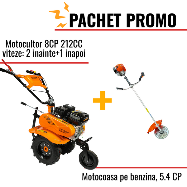 Pachet Promo: Motocultor 8CP 212CC viteze: 2 inainte+1 inapoi + Motocoasa pe benzina, 5.4 CP, 10000 rpm, 51.2 cc + accesorii incluse
