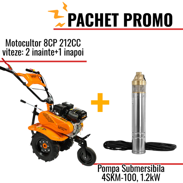 Pachet Promo: Motocultor 8CP 212CC viteze: 2 inainte+1 inapoi + Pompa Submersibila 4SKM-100, 1.2kW