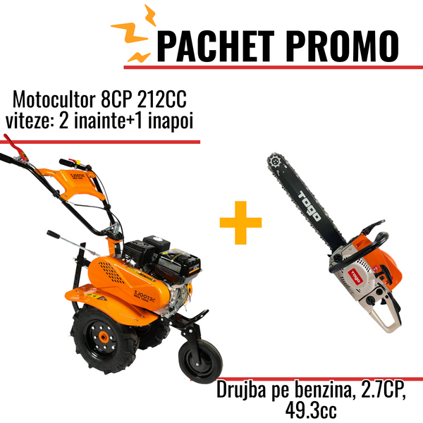 Pachet Promo: Motocultor 8CP 212CC viteze: 2 inainte+1 inapoi + Drujba pe benzina, 2.7CP, 49.3cc +accesorii incluse