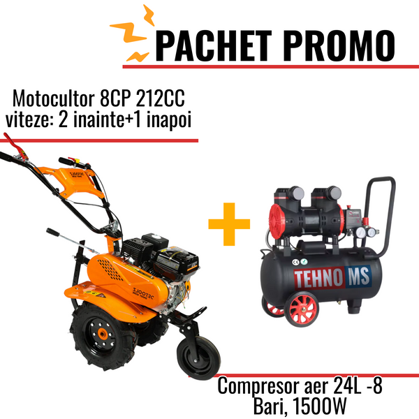 Pachet Promo: Motocultor 8CP 212CC viteze: 2 inainte+1 inapoi + Compresor aer model JN1500A-24L -8 Bari, 1500W