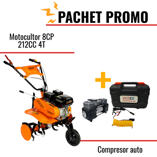 Pachet Promo: Motocultor 8CP 212CC 4T + Compresor auto Tehno-ms
