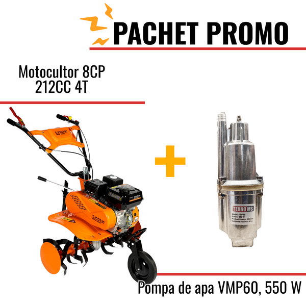 Pachet Promo: Motocultor 8CP 212CC 4T +Pompa de apa pe vibratii pentru gradina VMP60, 550 W
