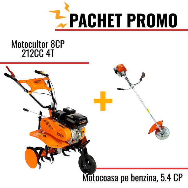 Pachet Promo: Motocultor 8CP 212CC 4T + Motocoasa pe benzina, 5.4 CP, 10000 rpm, 51.2 cc + accesorii incluse