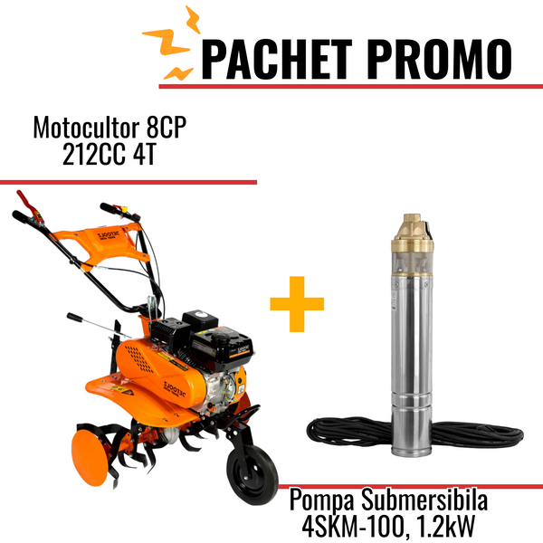 Pachet Promo: Motocultor 8CP 212CC 4T + Pompa Submersibila 4SKM-100, 1.2kW