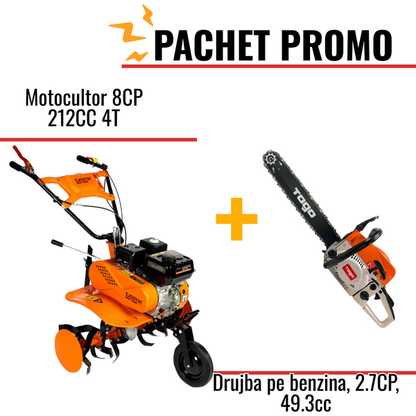 Pachet Promo: Motocultor 8CP 212CC 4T + Drujba pe benzina, 2.7CP, 49.3cc +accesorii incluse