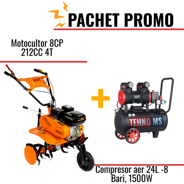 Pachet Promo: Motocultor 8CP 212CC 4T + Compresor aer model JN1500A-24L -8 Bari, 1500W
