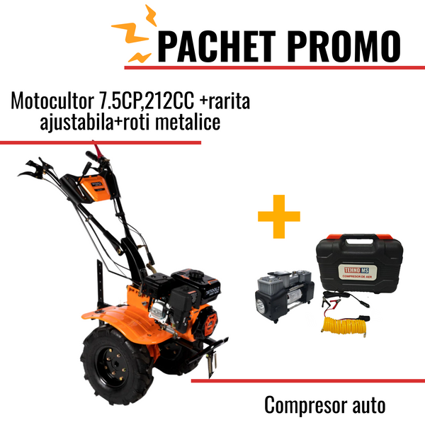 Pachet Promo: Motocultor 7.5CP,212CC+rarita ajustabila+roti metalice + Compresor auto Tehno-ms