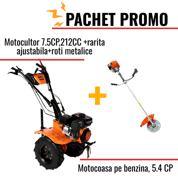 Pachet Promo: Motocultor 7.5CP,212CC+rarita ajustabila+roti metalice + Motocoasa pe benzina, 5.4 CP, 10000 rpm, 51.2 cc + accesorii incluse