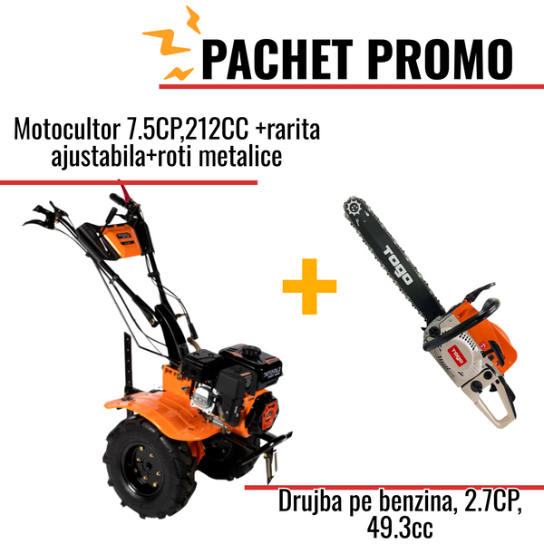 Pachet Promo: Motocultor 7.5CP,212CC+rarita ajustabila+roti metalice + Drujba pe benzina, 2.7CP, 49.3cc +accesorii incluse