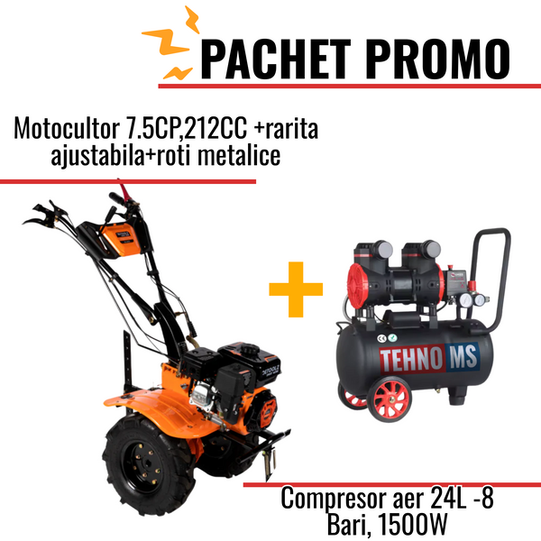 Pachet Promo: Motocultor 7.5CP,212CC+rarita ajustabila+roti metalice + Compresor aer model JN1500A-24L -8 Bari, 1500W