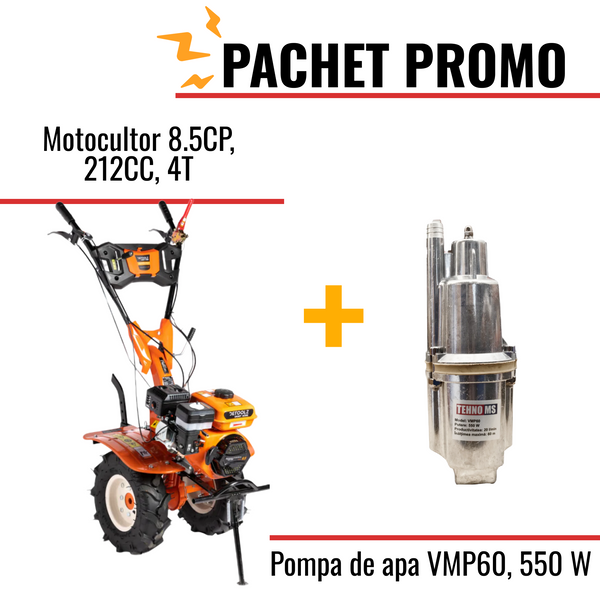 Pachet Promo: Motocultor 8.5CP, 212CC, 4T, viteze: 2 +Pompa de apa pe vibratii pentru gradina VMP60, 550 W