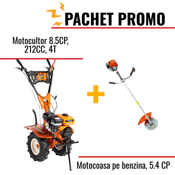 Pachet Promo: Motocultor 8.5CP, 212CC, 4T, viteze: 2 +Motocoasa pe benzina, 5.4 CP 10000 rpm, 51.2 cc + accesorii incluse