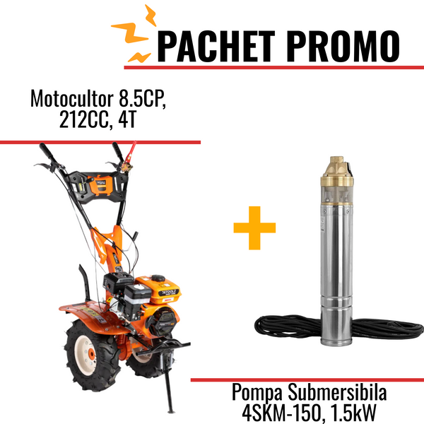 Pachet Promo: Motocultor 8.5CP, 212CC, 4T, viteze: 2 +Pompa Submersibila 4SKM-150, 1.5kW