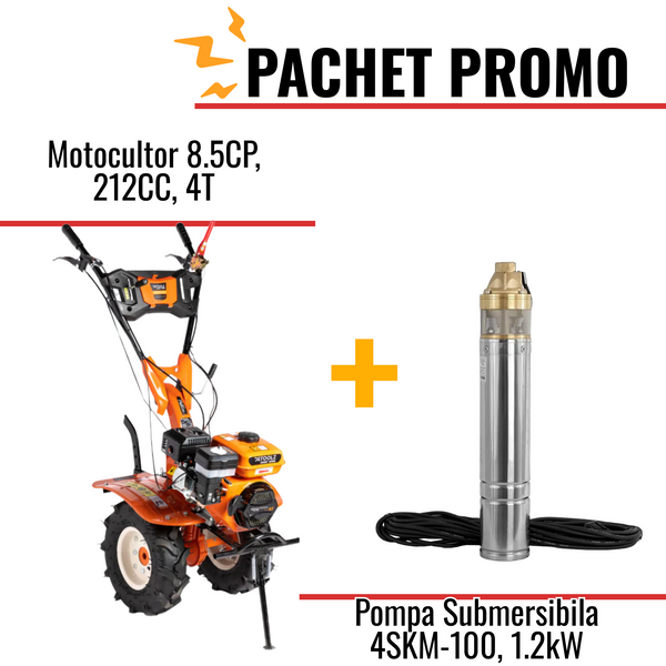 Pachet Promo: Motocultor 8.5CP, 212CC, 4T, viteze: 2 + Pompa Submersibila 4SKM-100, 1.2kW