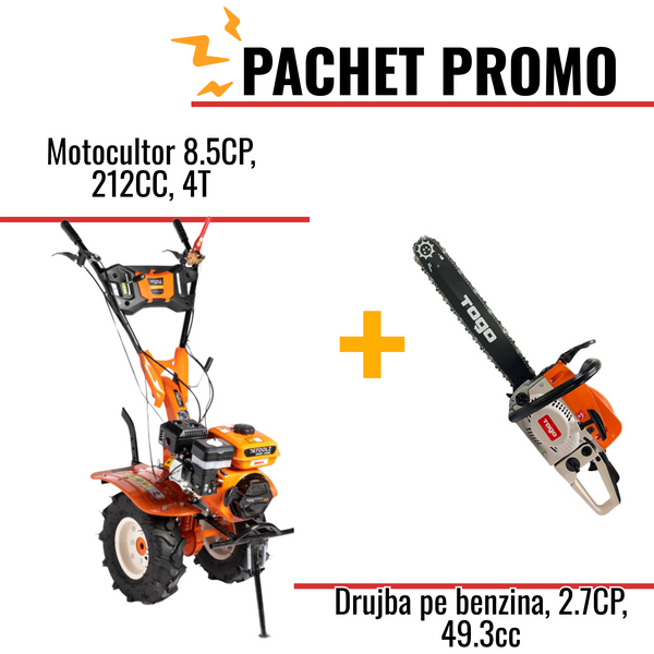 Pachet Promo: Motocultor 8.5CP, 212CC, 4T, viteze: 2 + Drujba pe benzina, 2.7CP, 49.3cc +accesorii incluse
