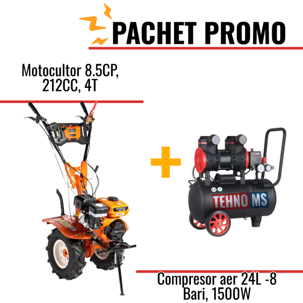 Pachet Promo: Motocultor 8.5CP, 212CC, 4T, viteze: 2 + Compresor aer model JN1500A-24L -8 Bari, 1500W