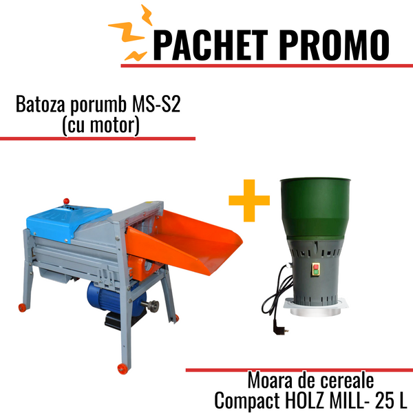 Pachet Promo: Batoza porumb MS-S2 (cu motor) + Moara de cereale HOLZ MILL- 25 L compacta