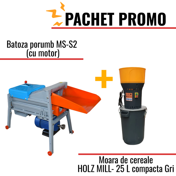 Pachet Promo: Batoza porumb MS-S2 (cu motor) + Moara de cereale HOLZ MILL- 25 L compacta GRI - Tehno ms