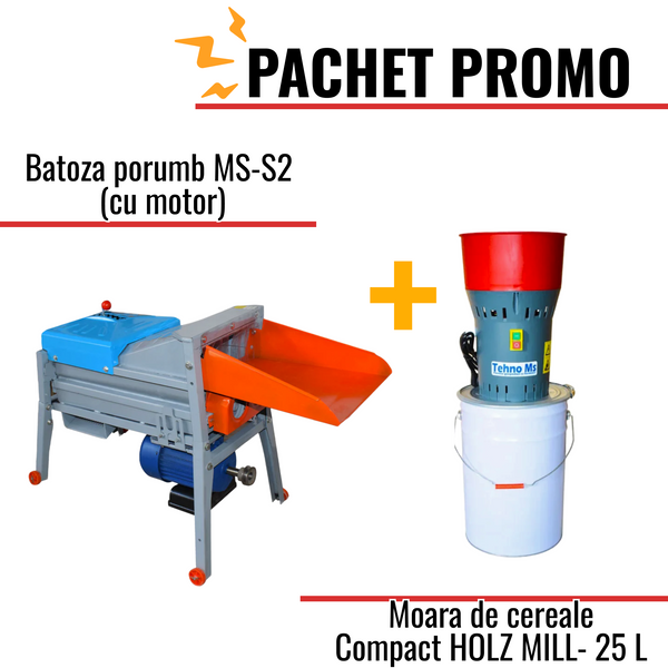 Pachet Promo: Batoza porumb MS-S2 (cu motor) + Moara de cereale HOLZ MILL-25L