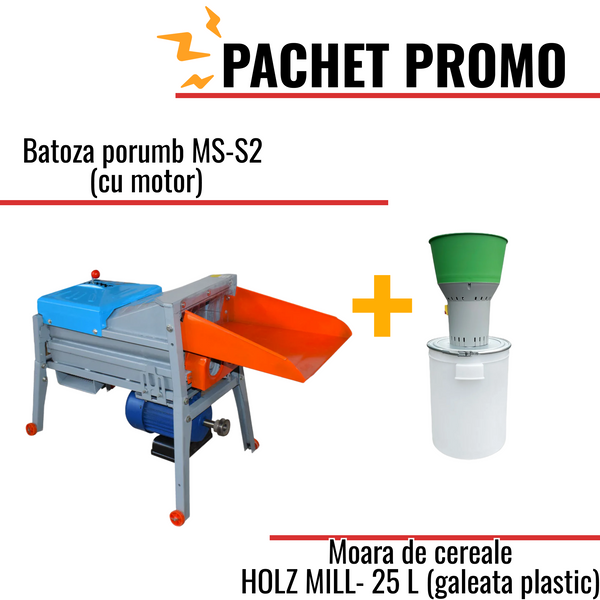 Pachet Promo: Batoza porumb MS-S2 (cu motor) +Moara de cereale HOLZ MILL-25L ECO (galeata din plastic)