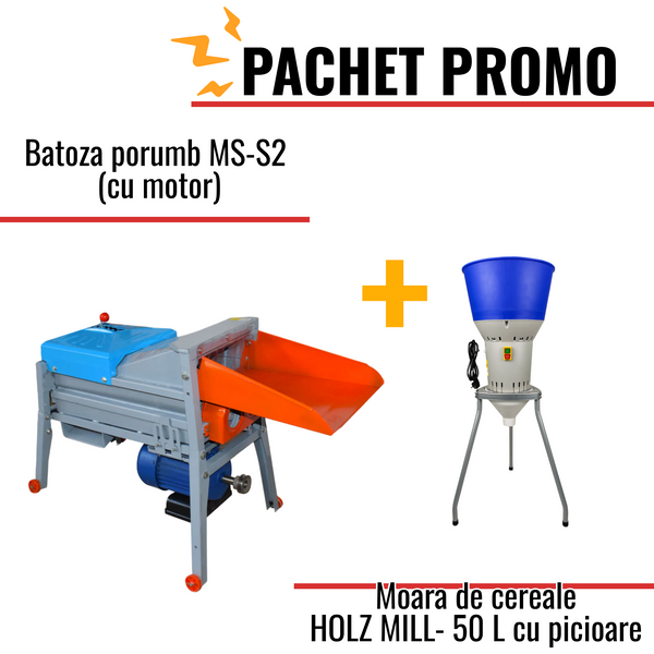 Pachet Promo: Batoza porumb MS-S2 (cu motor) + Moara de cereale HOLZ MILL-50L cu picioare