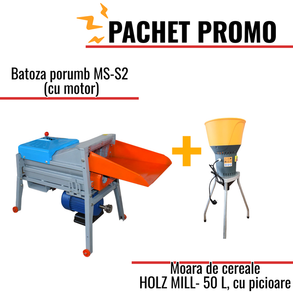 Pachet Promo: Batoza porumb MS-S2 (cu motor) + Moara de cereale electrica Holz Mill Tehno Ms, capacitate 50L, 1.2Kw