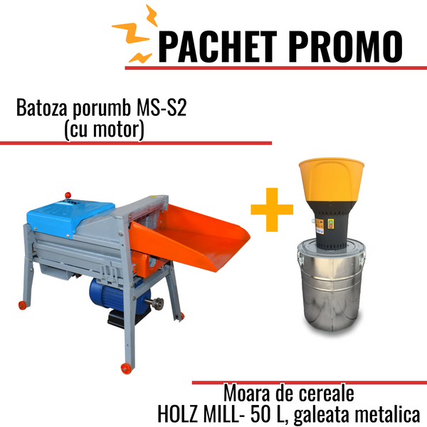 Pachet Promo: Batoza porumb MS-S2 (cu motor) + MOARA DE CEREALE HOLZ MILL 50L GRI - galeata metalica
