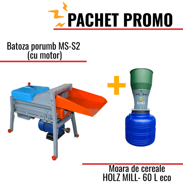 Pachet Promo: Batoza porumb MS-S2 (cu motor) + Moara de cereale HOLZ MILL- 60 L -ECO -compacta