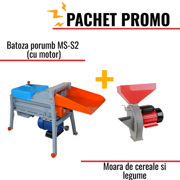 Pachet Promo: Batoza porumb MS-S2 (cu motor) + Moara de cereale si legume, 3.9kW, 2850 RPM, productivitate 320kg/h