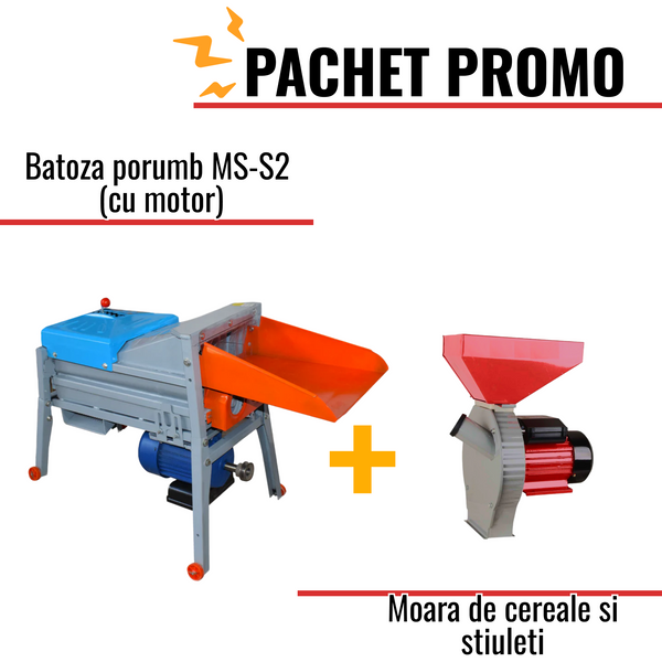 Pachet Promo: Batoza porumb MS-S2 (cu motor) + Moara de cereale, 3.9kW, 2850 RPM, productivitate 320kg/h