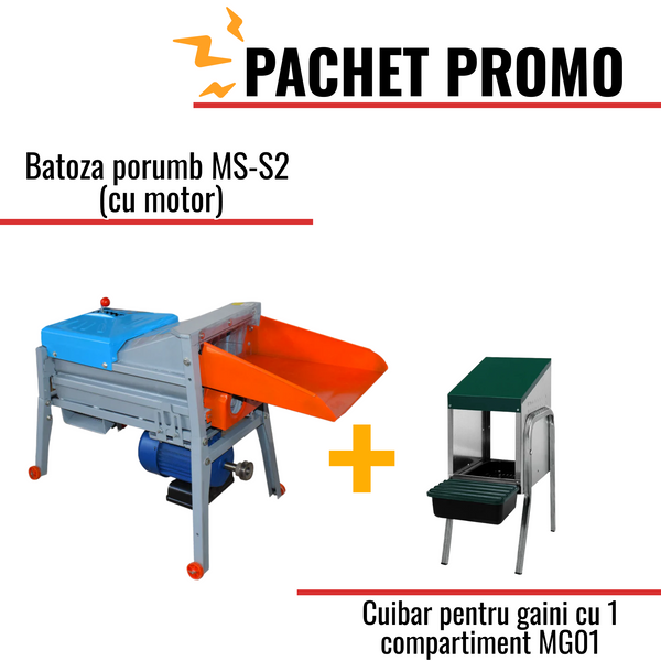 Pachet Promo: Batoza porumb MS-S2 (cu motor) + Cuibar pentru gaini cu 1 compartiment MG01