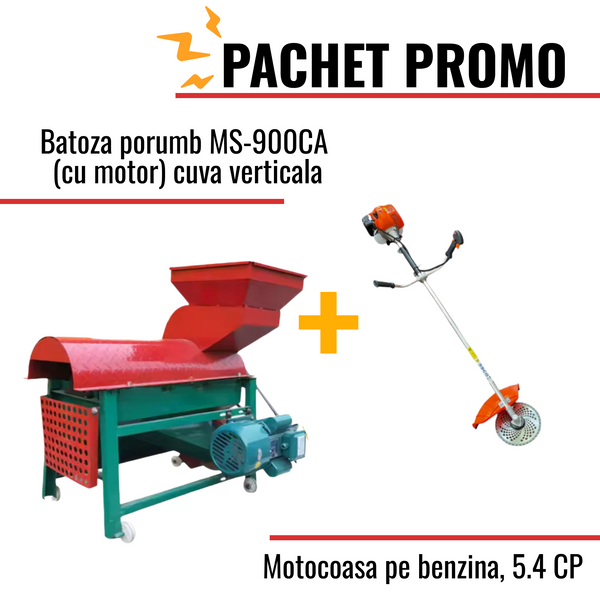 Pachet Promo: Batoza porumb MS-900CA (cu motor) cuva verticala + Motocoasa pe benzina, 5.4 CP