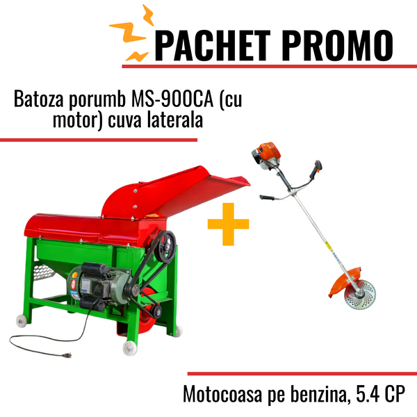 Pachet Promo: Batoza porumb MS-900CA (cu motor) cuva laterala + Motocoasa pe benzina, 5.4 CP
