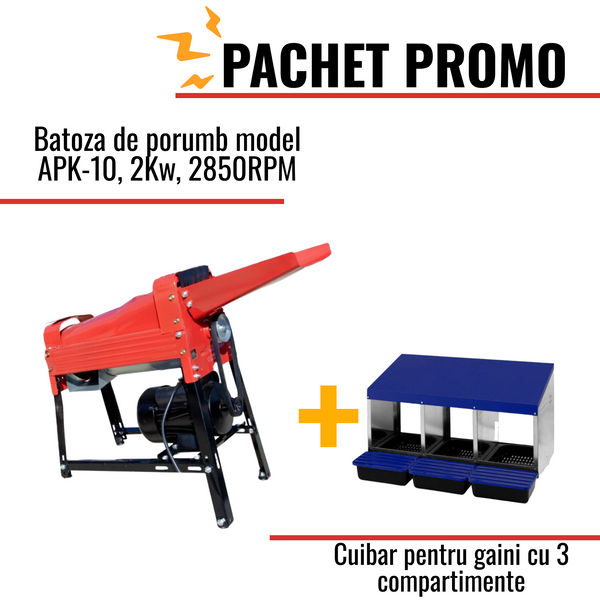 Pachet Promo: Batoza de porumb model APK-10, 2Kw + Cuibar pentru gaini cu 3 compartimente