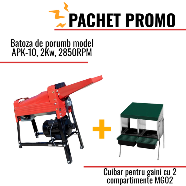 Pachet Promo: Batoza de porumb model APK-10, 2Kw +Cuibar pentru gaini cu 2 compartimente MG02