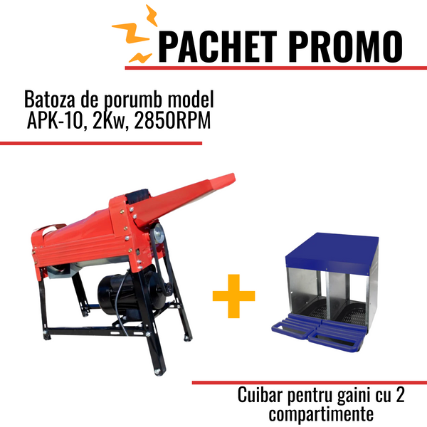 Pachet Promo: Batoza de porumb model APK-10, 2Kw + Cuibar pentru gaini cu 2 compartimente